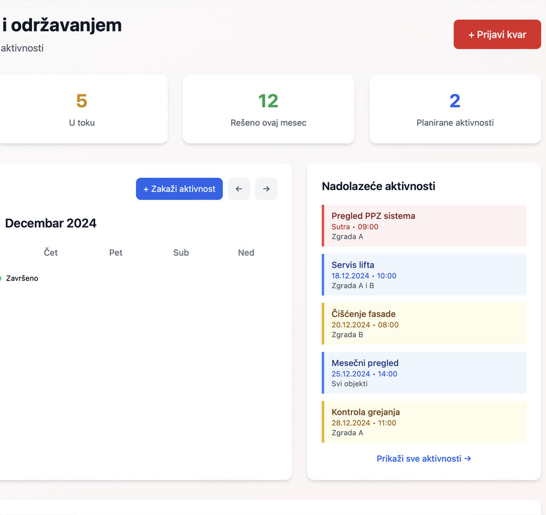 Prikaz kontrolne table Objecta softvera sa pregledom planiranih aktivnosti, servisa i zadataka po objektima