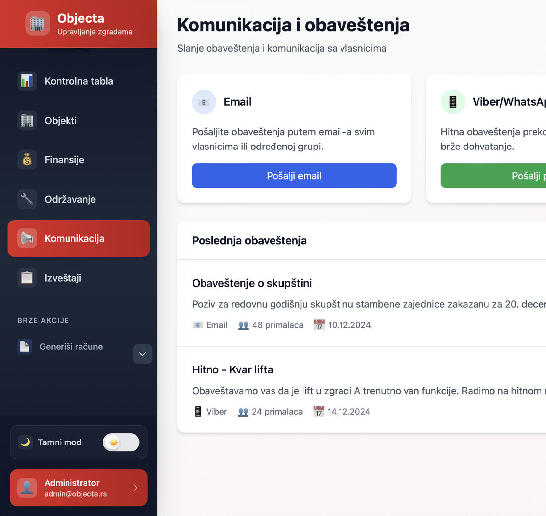 Prikaz modula Komunikacija u Objecta softveru – slanje obaveštenja stanarima putem emaila i Vibera
